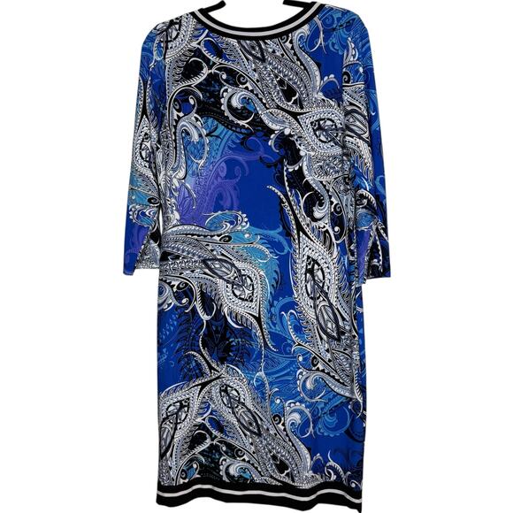 NWT Beige by ECI Blue & Black Paisley print stretch 3/4 sleeve dress Size 10 - Picture 6 of 8
